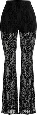 Women's Lace Bell Bottom Pants Mesh Flare Leg High Waisted Sheer Sexy Goth Leggings Trousers
Pants Black XS