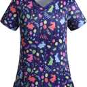 Easter Scrub Tops Women Stretchy Vneck Short Sleeve Cute Bunny and Eggs Printed Nurse Working Uniforms with 2 Pockets (Blue, M)