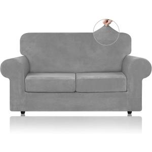 WEERRW Velvet Couch Covers for 2 Cushion Couch Sofa - High Stretch Luxury Velvet Plush 3 Pieces Sofa Slipcovers with Elastic Bottom, Furniture Protector for Pets, Machine Washable, Silver Grey, Medium