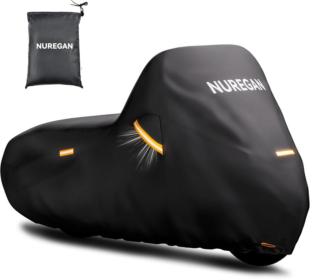 Heavy Duty Motorcycle Cover Waterproof Outdoor, Universal Fit with All Season Protection & Ventilation Vents for Harley Davidson, Indian, BMW Cruiser, Touring, ADV Storage up to 104 Inch