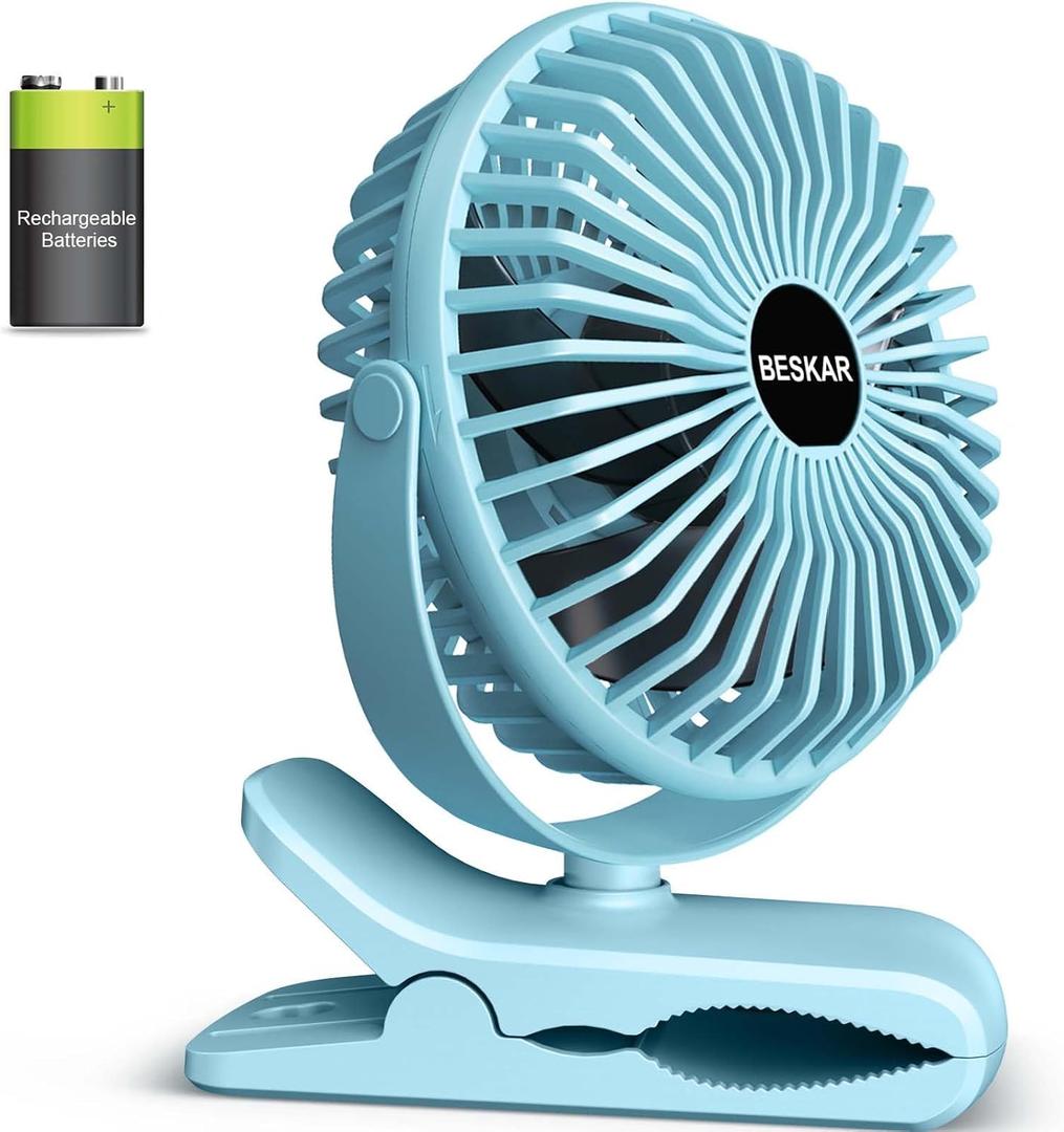 BESKAR Portable Clip on Fan Rechargeable, 4 Speeds Small Battery Operated Fans, USB Desk Fan with Strong Airflow, Sturdy Clamp Fans for Golf Cart Office Outdoor Travel Camping (Blue)