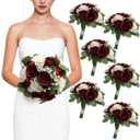 Set of 4 Bridesmaid Bouquets, 11 Inch Wedding Bouquets for Bridesmaids Artificial Flower Bouquets for Wedding Ceremony Bridal Shower Decorations - Burgundy & White