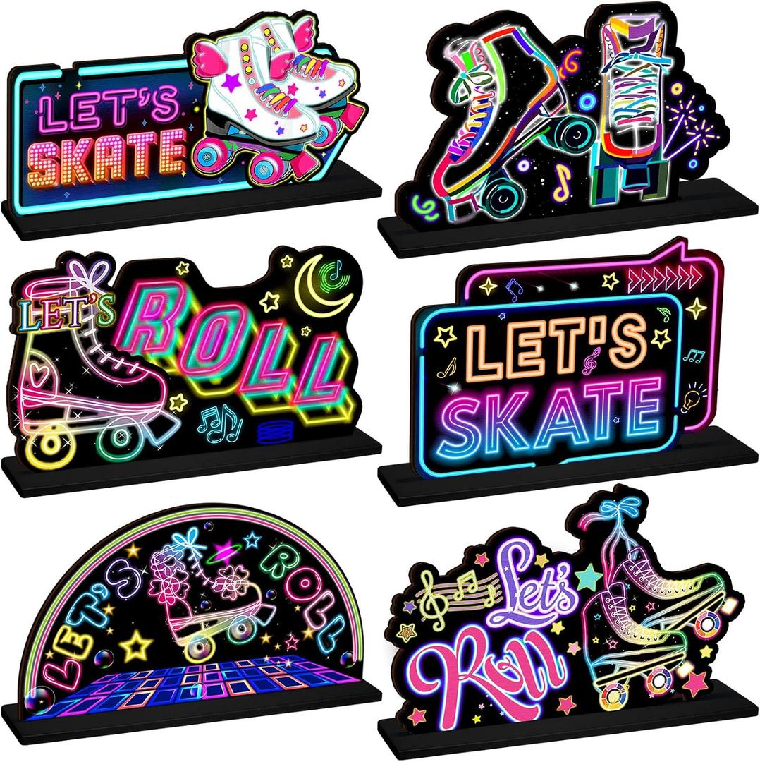 6 Pcs Roller Skating Party Decorations Roller Skating Wooden Centerpieces Table Toppers Let's Skate Table Decor for Baby Shower Birthday Party Favors Supplies