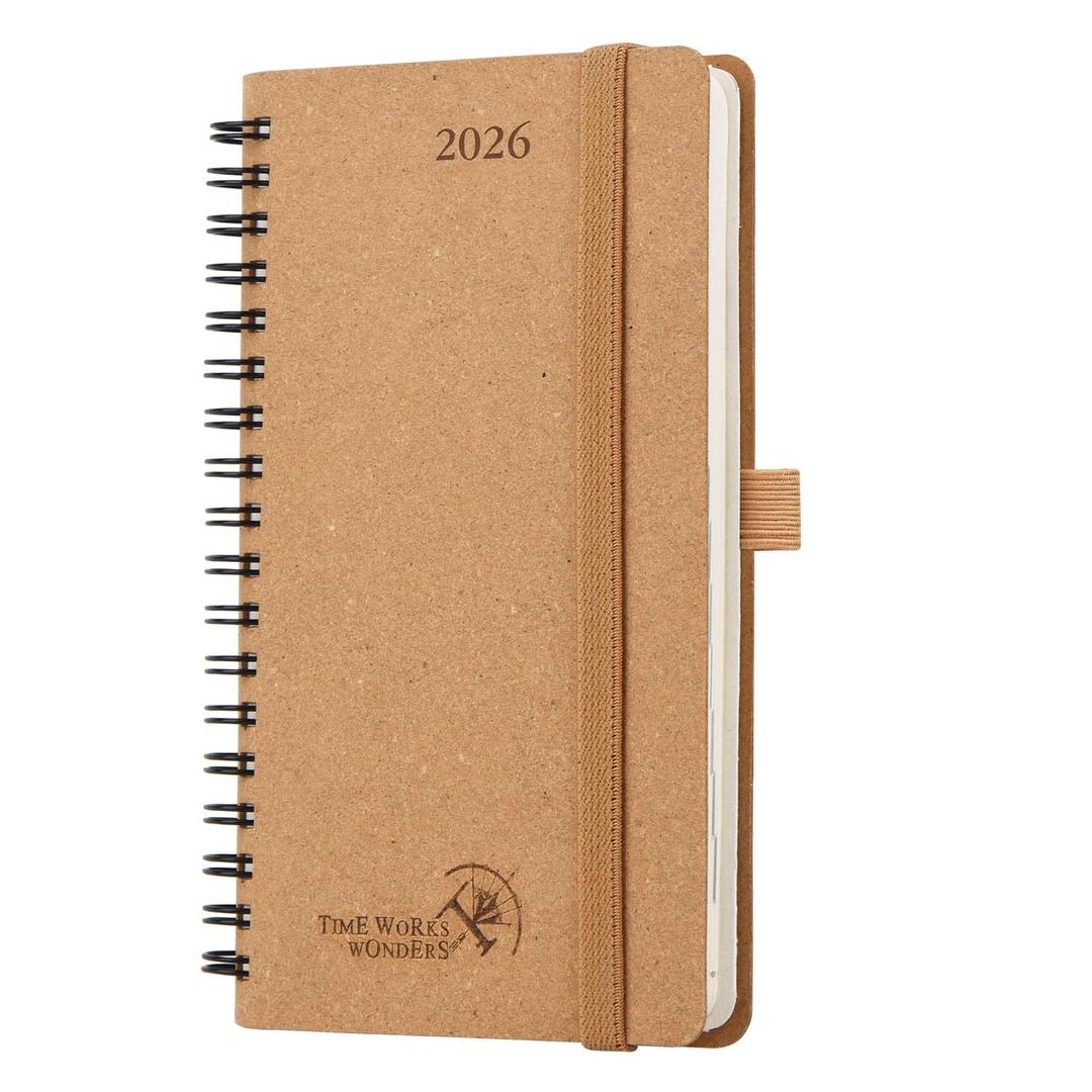POPRUN 2026 Recycled Weekly Planner 12 Months Pocket Size (3.5'' x 6.5'') - Spiral Calendar Weekly and Monthly for Purse, with Italian Regenrated Leather, Pen Holder - Desert Brown