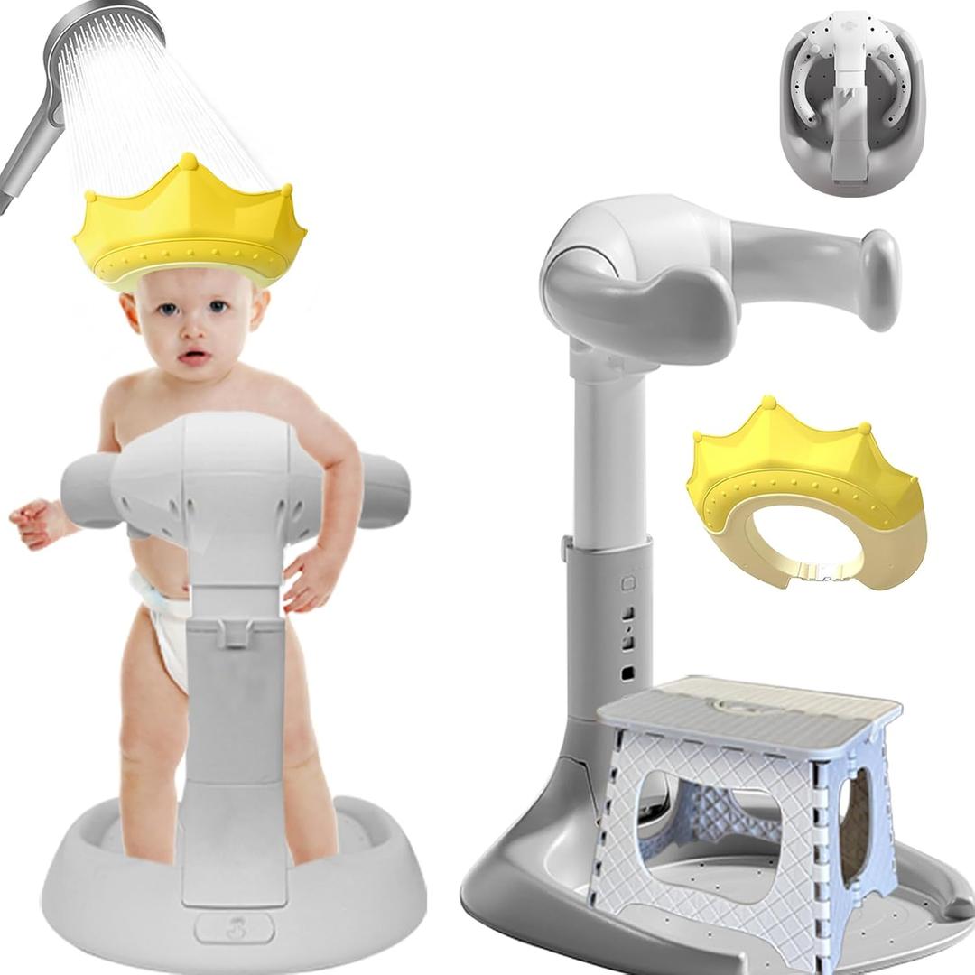 (3 in 1) Baby Shower Stand, Adjustable Baby Bath Stand with Safety Handle,Shower Head Holder for Babies 6-36 Months Baby & Toddlers,Bath Essentials for InfantsGray White