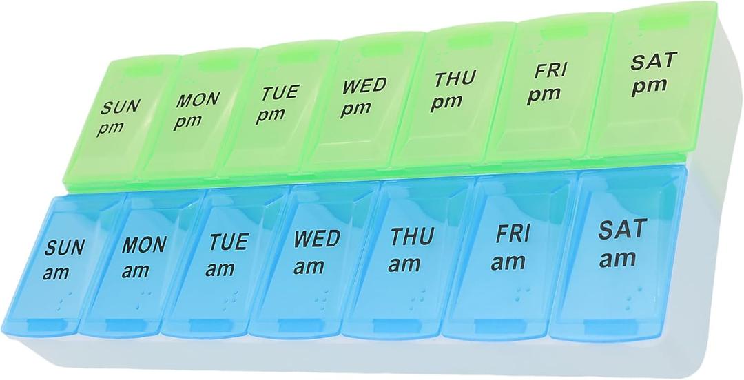 7 Day Weekly Pill AM PM Organizer, SysTech Large Pill Case Pill Box for Pills/Vitamin/Supplements/Medication (Blue/Green) (1 Count (Pack of 1)