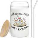 Floral Book Glass Cup with Lids and Straws 14oz, Book Lover Reader Bookworm Gifts, Spread Those Pages Like a Good Girl Glass Coffee Tumbler Drinking Jars with Cleaning Brush