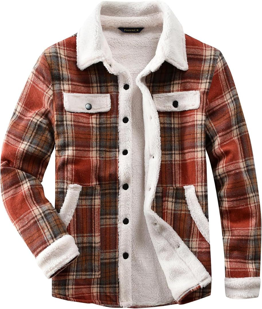 Women's Sherpa Lined Jackets Sherpa Turn-Down Collar Warm Winter Fleece Flannel Jacket for Women Trendy (Medium, Orange/Red), X-Small