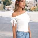 Off The Shoulder Tops for Women - Tie Shoulder Ruched Going Out Slim Fit Solid Y2K Tops White (White, L)