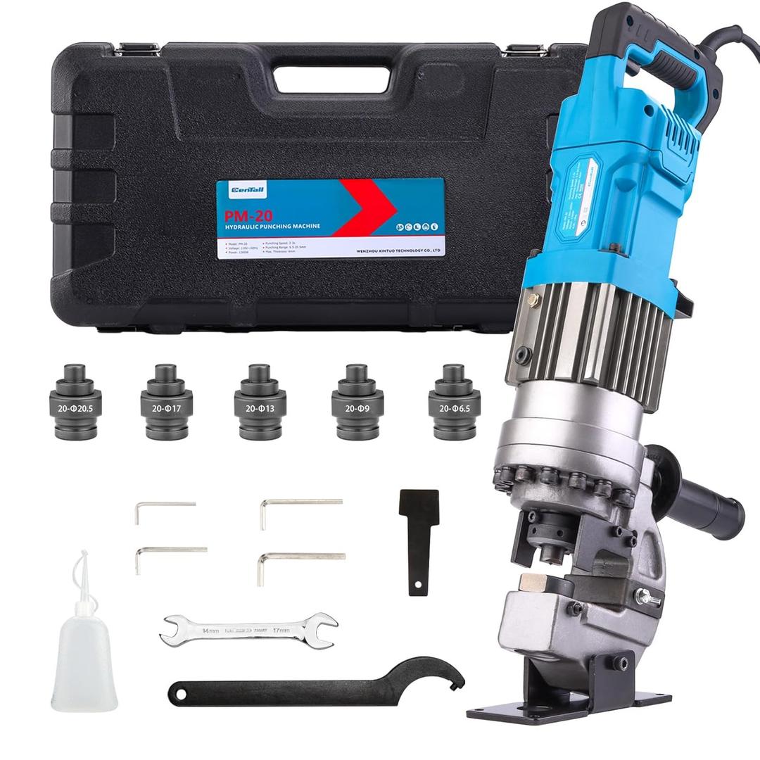 1300W Electric Hydraulic Hole Puncher 1/4"-4/5" Hydraulic Punching Machine Punching Tool Portable Punch Machine with 5 Dies for Iron Copper Aluminum Plate Angle Steel PM20 (Blue)