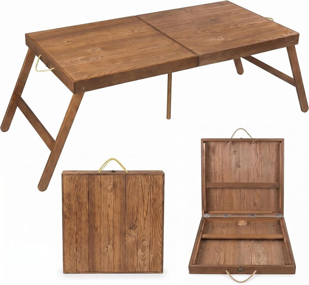 Novabright Foldable Boho Wooden Picnic Table Portable, 48x24 Inch | Low Picnic Table for Outdoor Indoor Floor Seating Beach Wedding Garden Camping BBQ Backyard