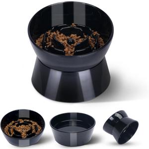 F FD Hub Tilted Raised Slow Feeder Bowl for Cats and Small & Medium Dogs, Raised Design Improves Posture, Spiral Inner Shape Prevents Fast Eating, Dishwasher Safe, 10 oz (Black, L-Cats)