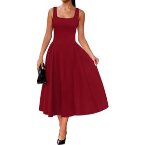 OFEEFAN Summer Dresses for Women Square Neck Corset A Line Maxi Dress Ruffle Ruched Waist Flowy Outfits (Red, S)