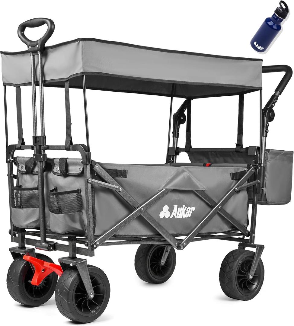 Collapsible Canopy Wagon - Heavy Duty Utility Outdoor Foldable Garden Cart - with Adjustable Push Pulling Handles,Big Wheels for Sand, for Shopping, Picnic, Camping, Sports - Grey (Gray)