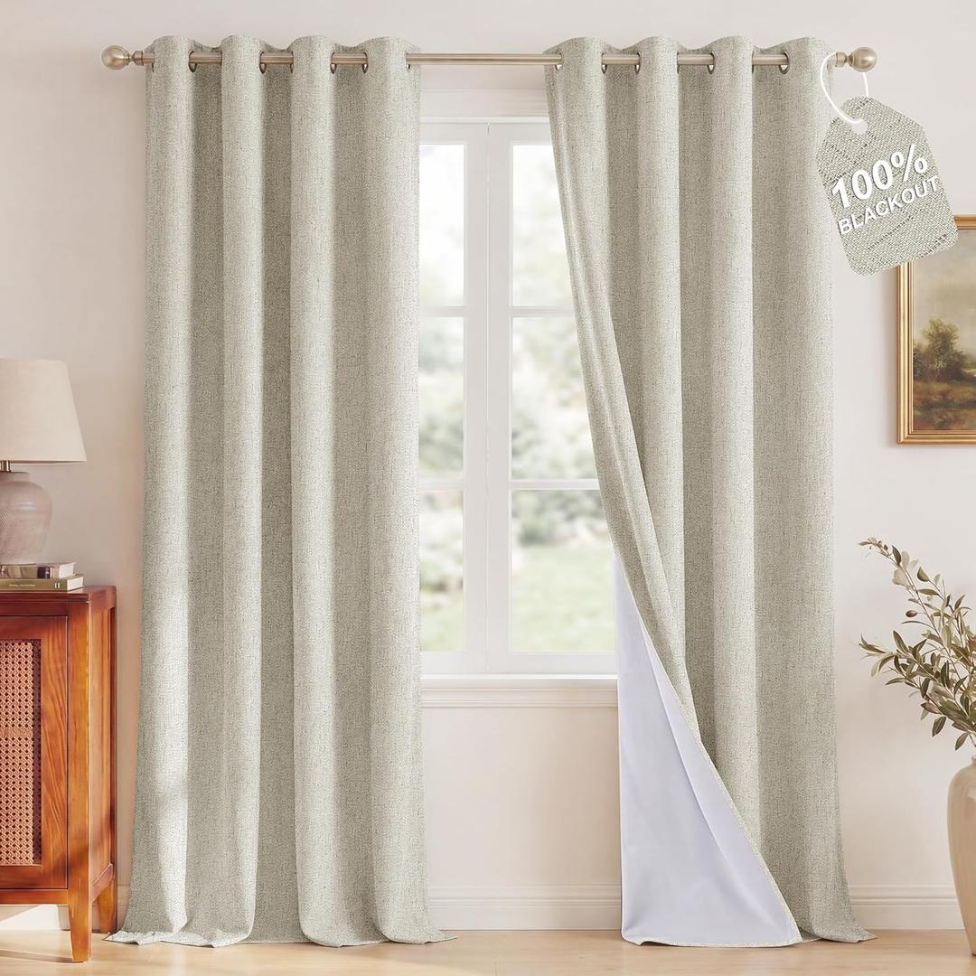 NICETOWN Linen Blend 100% Blackout Ivory Curtains for Living Room, White Liner Composite Thermal Drapes Casual & Relax Sound Reducing Window Treatments for Bedroom, W52 x L96, 2 Panels