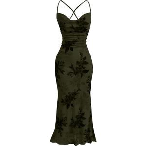 SOLY HUX Women's Floral Mesh Bodycon Cami Dress Cowl Neck Sleeveless Cocktail Party Wedding Guest Long Maxi Dresses Army Green Floral Small