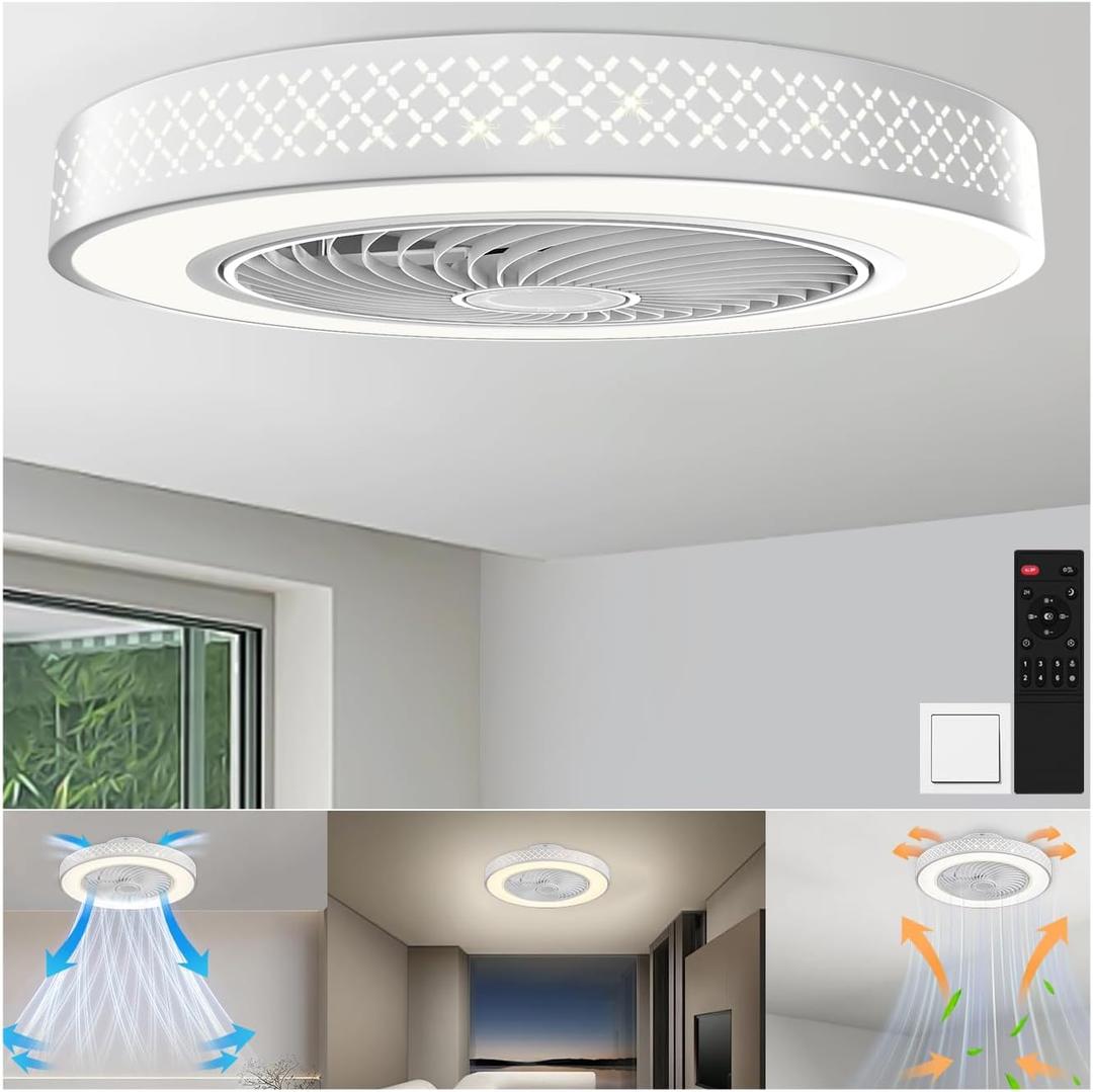 Koopala Ceiling Fans with Lights, 20 inch Low Profile Ceiling Fan with Light and Remote Control, Flush Mount, Noiseless, 6 Speeds, Dimmable, Night Light Mode, Timing & Washable for Bedroom