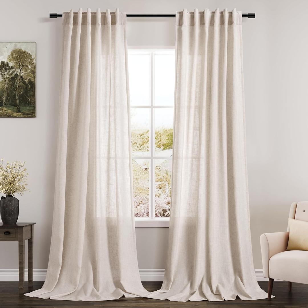 Beige Linen Curtains 96 Inches Long 2 Panels Set Back Tab Rod Pocket Semi Sheer Light Filtering Window Curtain Drapes Neutral Modern Aesthetic Long Curtains for Living Room Bedroom Decor 42x96