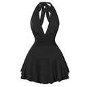 SweatyRocks Women's Halter Deep V Neck Flared Mini Dress Sleeveless Swing A Line Dresses Black, M