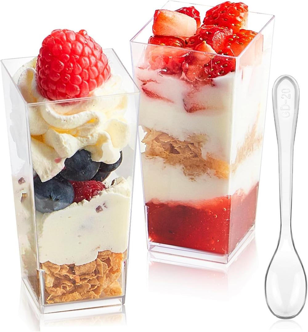 Zezzxu 50 Pack Mini Dessert Cups with Spoons, 3 oz Mini Square Shooter Cups for Desserts, Plastic Dessert Cup for Serving Party Appetizers Cheesecake Pudding Mousse