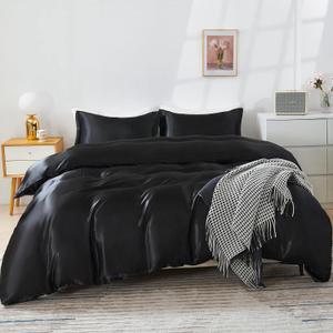 HOdo Home Satin Duvet Cover Queen Size, 3PCS Silk Like Comforter Cover, Ultra Soft and Breathable Bedding Set with Zipper Closure & Corner TiesBlack