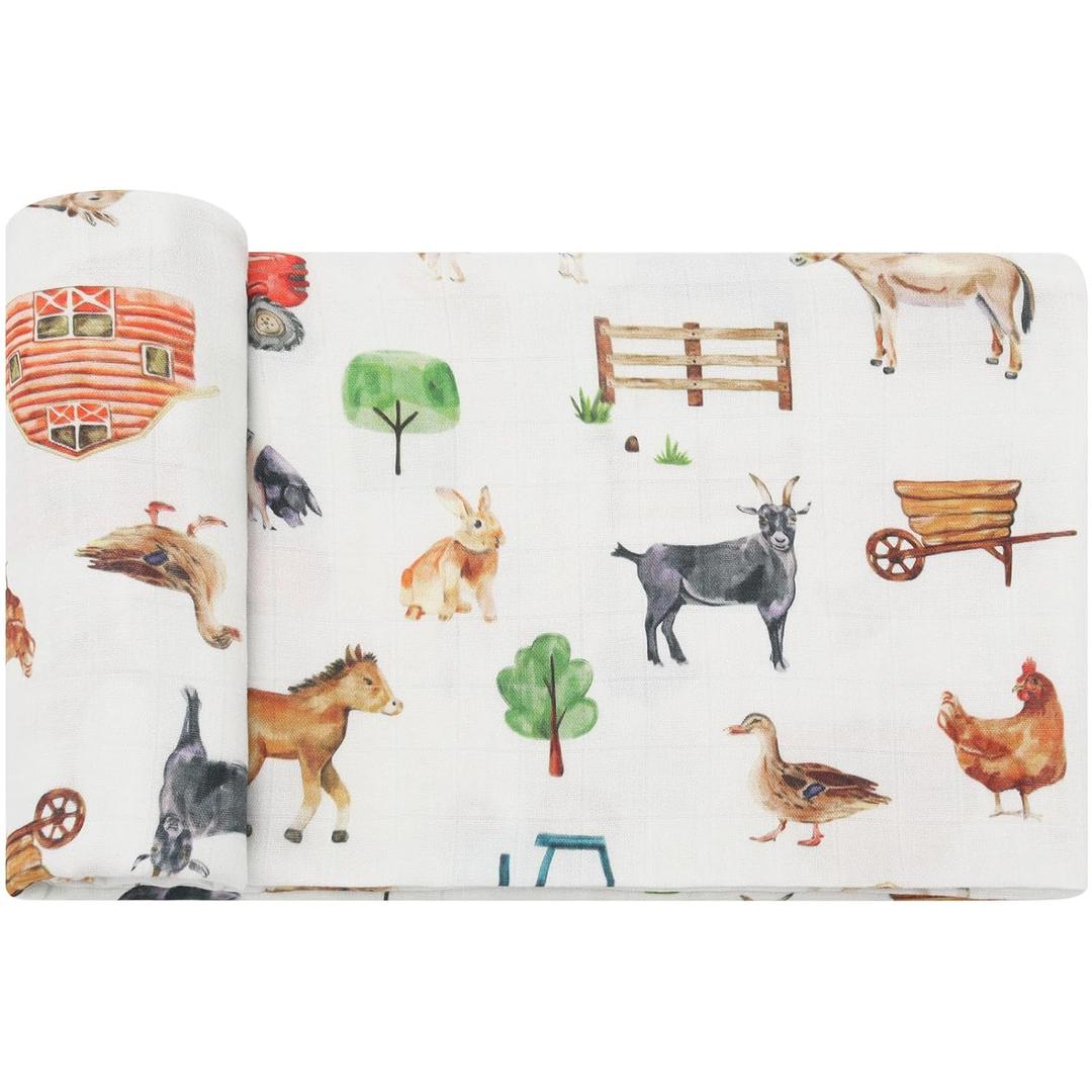 LifeTree Muslin Swaddle Blankets, Baby Swaddles Blanket for Boys Girls Newborn Nursery, Soft Large 47" x 47", Farm Animals, 70% Viscose from Bamboo and 30% Cotton