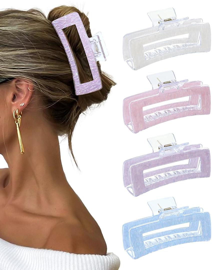 Molans 5Inch Large Hair Claw Clips 4 PCS for Women - Acrylic Hair Accessories for Thick Hair and Long Hair, Big Strong Durable Hair Applique, Oversized Non-slip Rectangle Butterfly Jaw Hair Clips
