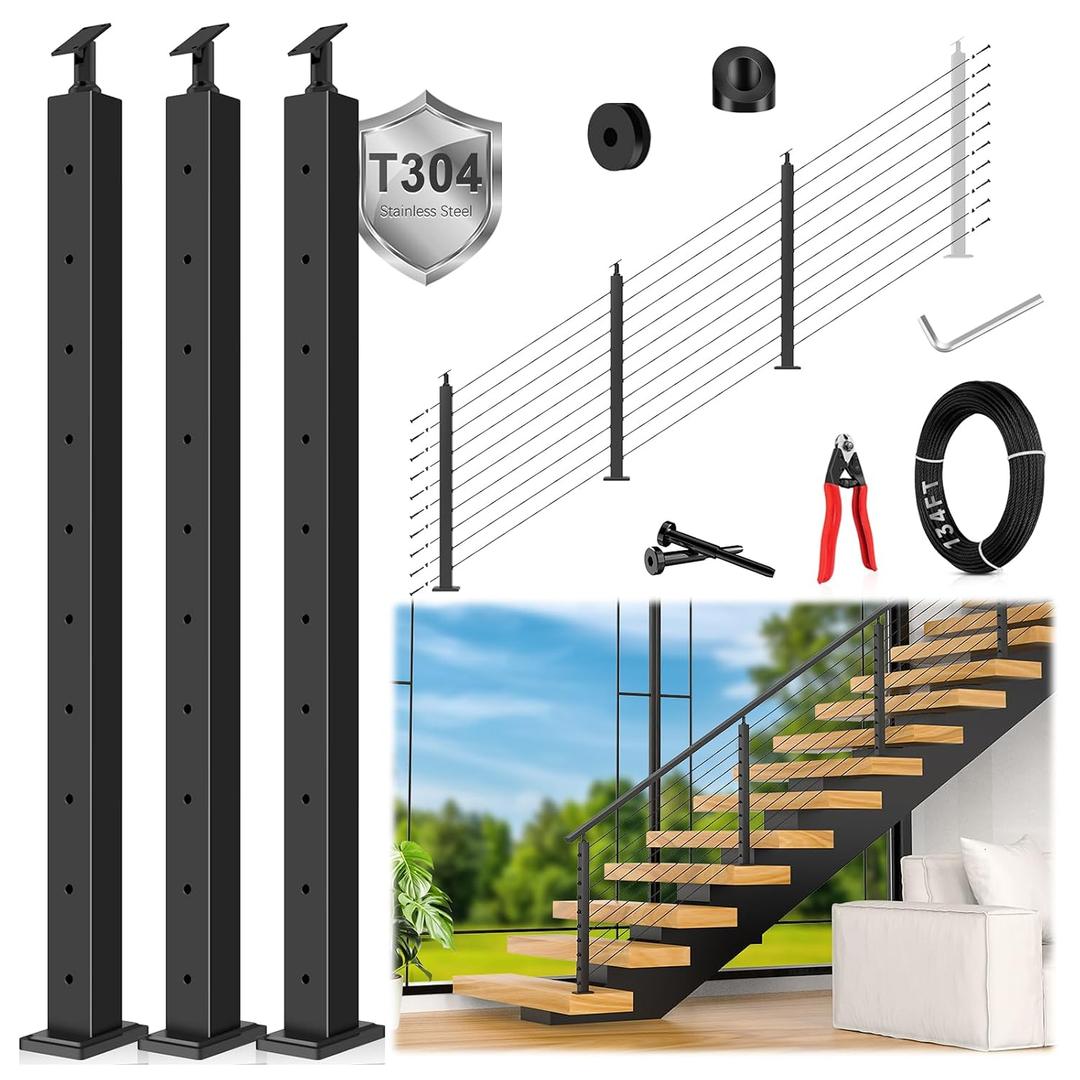 36" Modular 8-12FT Black T304 Stair Cable Railing Post Kit, Cable Railing System with 3 Stair Posts, 134ft 1/8" Wire Rope(No Handrail), Adjustable Length Easy DIY for 28-38 Stairway
