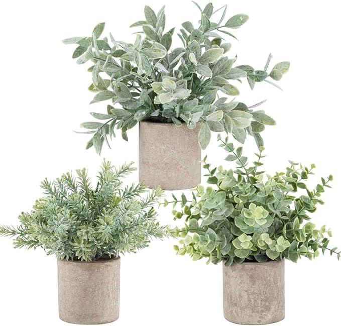 Der Rose 3 Pack Mini Potted Fake Plants Artificial Plastic Eucalyptus Plants Topiaries for Home Office Desk Farmhouse Shelf Room Bathroom Decor(Green)