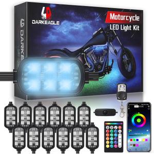 12PCS Motorcycle RGB LED Accent Lights with APP & RF Remote, Waterproof Frame & Engine Underglow Pods with Brake Turn Signal, 12V for Harley, Cruiser, Street, Sport Bike, Dirt Bike