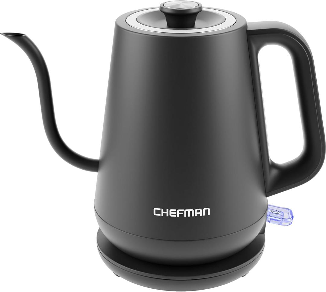 Chefman Gooseneck Electric Kettle, 0.8L Pour Over Tea Kettle for Coffee and Tea, One-Touch Operation, Boil-Dry Protection, Auto Shut-Off, Ultra-Fast Hot Water Boiler  Black