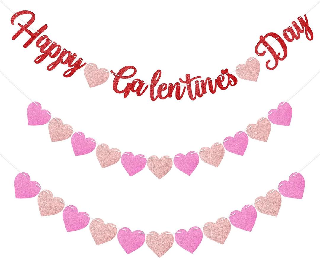 Epakh 3 Pcs DIY Happy Galentines Day Banner, Glitter Heart Garland Romantic Props Anniversary Hanging Supplies for Ladies(Pink)
