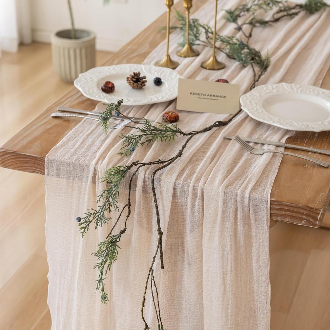 Keketoarrange 6pcs Beige Cheesecloth Table Runner Gauze Rustic 120 Inch 10 FT for Wedding Baby Shower Bridal Shower Birthday Engagement Garden Party Long Sheer Boho Spring Home Decorations