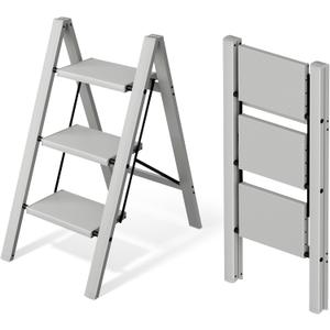 Mayi Plus 3 Step Stool Foldable, Aluminum, Lightweight Step Ladder | Extra-wide anti-slip folding steps with 330 lbs, for home,kitchen,office,outdoor,Grey