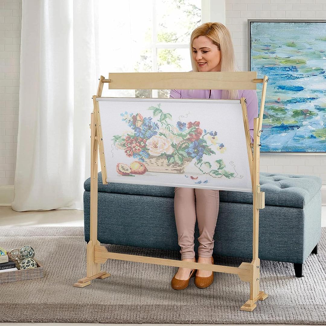 Cross Stitch Frame Wooden Embroidery Floor Stand 360 Rotation Needlework Stand Frame Holder Lap Hands Stand with Adjustable Frame 75 x 40cm