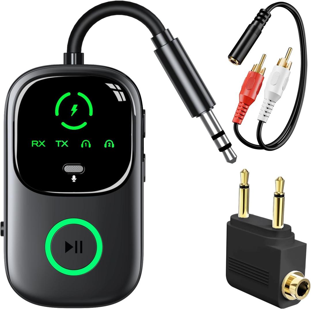 LED Display 2 in 1 Bluetooth 6.0 Transmitter Receiver 3.5mm AUX Jack RCA Wireless Audio Adapter Dongle for Airpods Headphones TV Airplane Flight Car Speaker Home Stereo, Dual Pairing & Handsfree Call