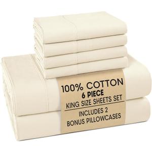 Casa Platino King Bed Sheets Set Breathable 6 Piece Percale Cooling King Sheets with Crisp Feel, with 15 Inch Deep Pocket Fitted Sheet, Ultra Soft & Cozy Feel, Fit Ivory