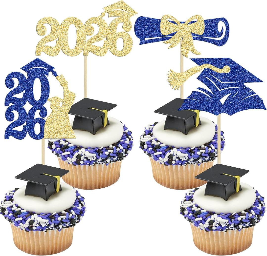Gyufise 36Pcs 2026 Graduation Theme Cupcake Toppers Glitter Congrats Grad 2026 Diploma Graduation Cap Cupcake Picks for Class of 2026 Theme Party Decorations Supplies Blue Gold