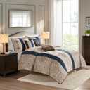 Madison Park Comforter Faux Silk-Traditional Luxurious Jacquard Design All Season Set, Matching Bed Skirt, Decorative Pillows, Cal King(104"x92"), Navy 7 Piece