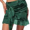 SEBOWEL Women Floral Mesh Mini Skirt Summer Ruffle Layered Sheer See Through Skirt Ruched Wrap Bodycon Sexy Short Skirts, Dark Green Flower, S
