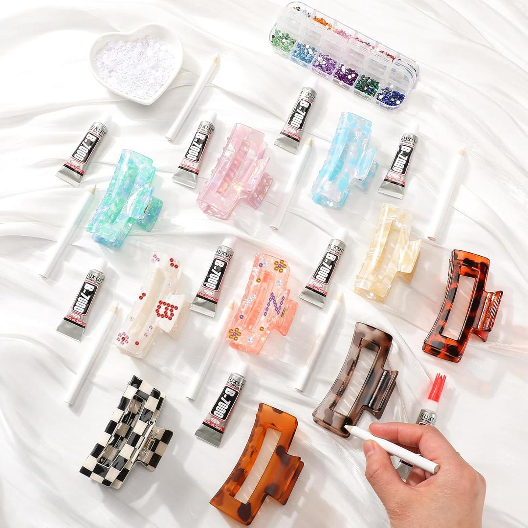 10 Sets DIY Hair Claw Clips Kit Acrylic Claw Clip with Resin Rhinestones Pearls Little Jewelry Decor for Girl's Night Sleepovers Party Supplies Aesthetic Hairpin for Women Adult Craft DIY