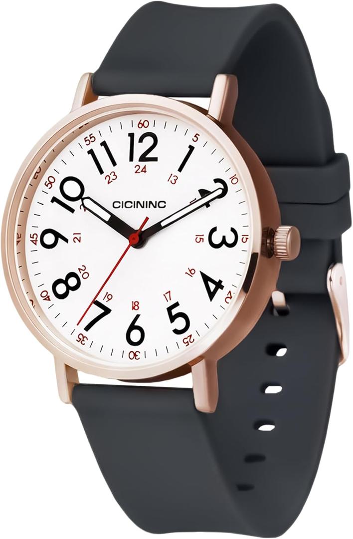 Watch with Second Hand Nursing for Women, Analog Watches for Nurses, 12/24 Hour Military Time, Easy Read Dial, Colorful Silicone Band (Deep Gray)