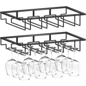Wine Glass Rack, 2 Pack Under Cabinet Stemware Rack Wine Glass Holder, 4 Rows Black Metal Wine Glass Storage Hanger Under Shelf for Cabinet Kitchen Bar