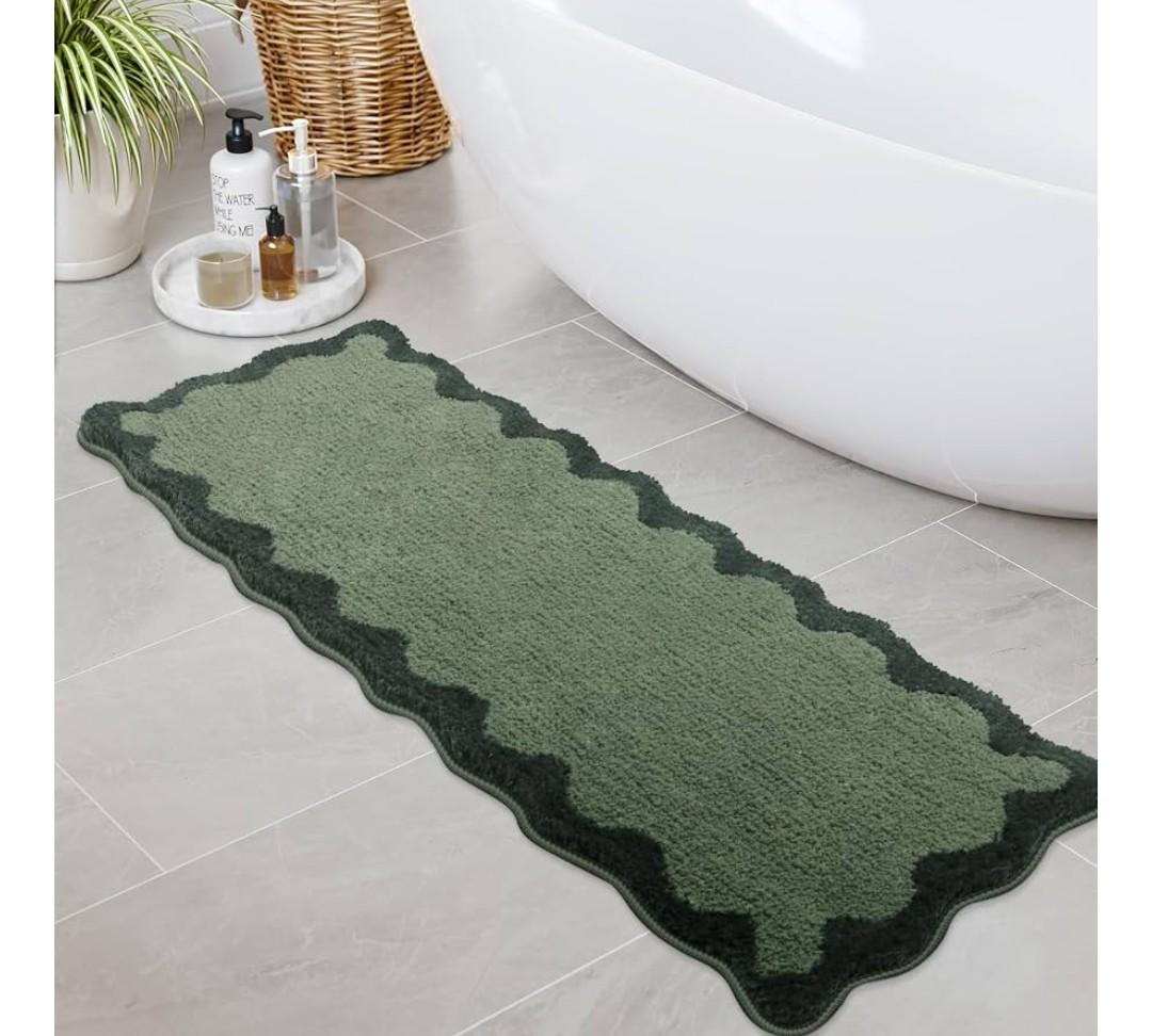 Uphome Bathroom Rug Runner, Green Long Irregular Shaped Bathroom Rug Absorbent Non Slip, 18x47 Soft Cute Machine Washable Shaggy Microfiber Bath Mat for Floor, Tub, Shower