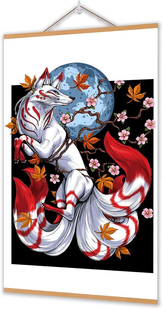 Japanese Wall Art Decor, Fox Decor, Japanese Fox And Sukura Wall Art Decorations with Scroll Wood Framed, Sushi Restaurant Decor, Modern Artwork Hanging For Living Room Bedroom, 15.7x27.5 inches