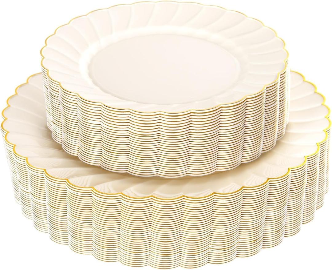 YOUBET 60PCS Ivory Scalloped Plastic Plates - Hard Craem and Gold Fancy Disposable Plates include 30 Gold Dinner Plate, 30 Dessert Plate for Wedding Party