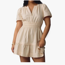 Womens Summer Tiered Mini Silhouette Dress V-Neck Short Sleeve Apricot Sundress Flowy Swing A-Line Casual Dress, S