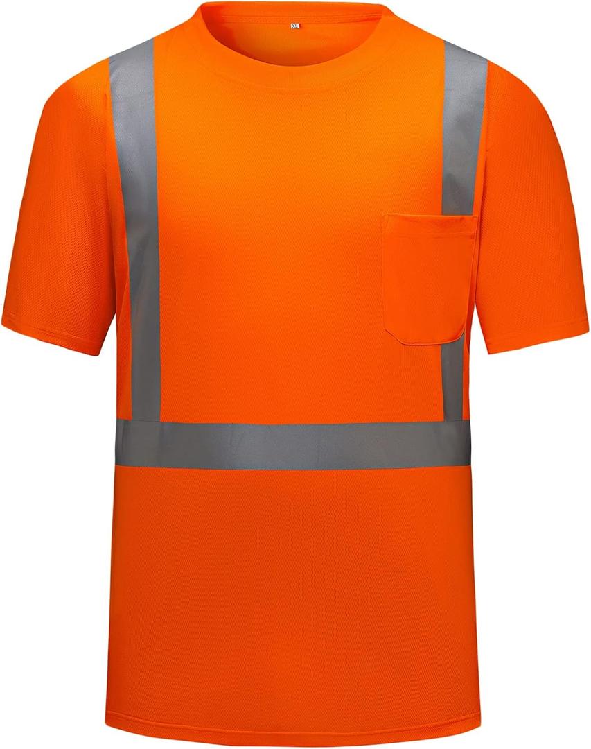 High Visibility Shirts Quick Dry Safety T Shirts with Reflective Strips and Pocket Short Sleeve Mesh Hi Vis Construction Work Class 2 Shirt for Men/Women Orange,Medium