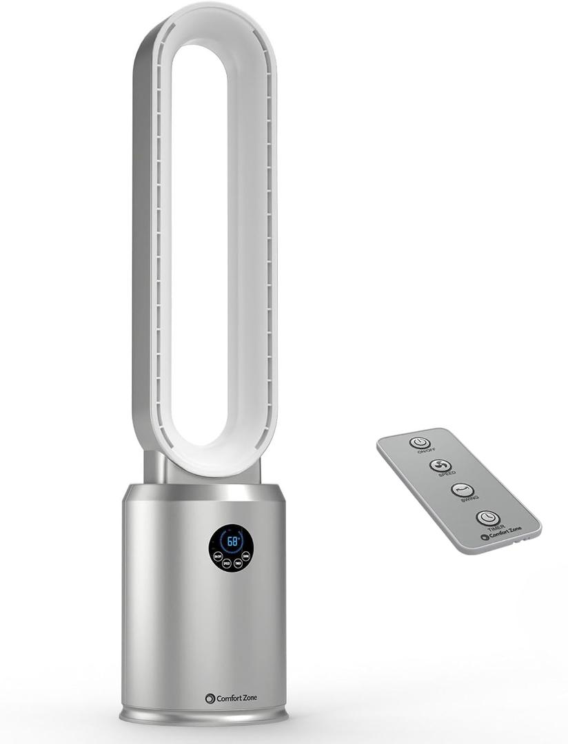 Comfort Zone 40-Inch Bladeless Tower Fan for Bedroom Quiet Standing Fan with Remote Control, 9H Timer & Wide Area Oscillation Turbocharged Airflow & Digital LED Display Silver