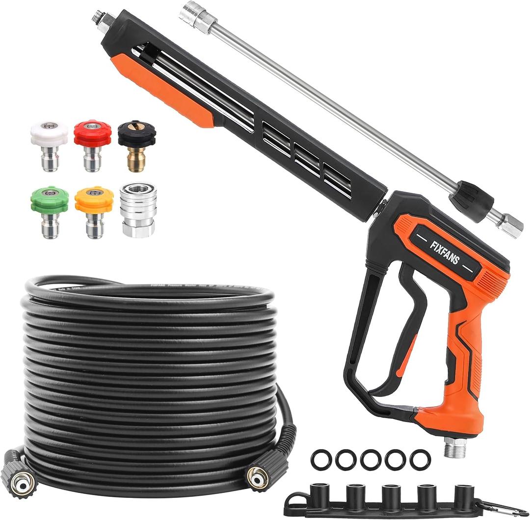 FIXFANS Pressure Washer Gun and Hose Kit, 50 FT High Power Washer Hose with Replacement Wand Extension, 5 Nozzle Tips, M22 Fitting